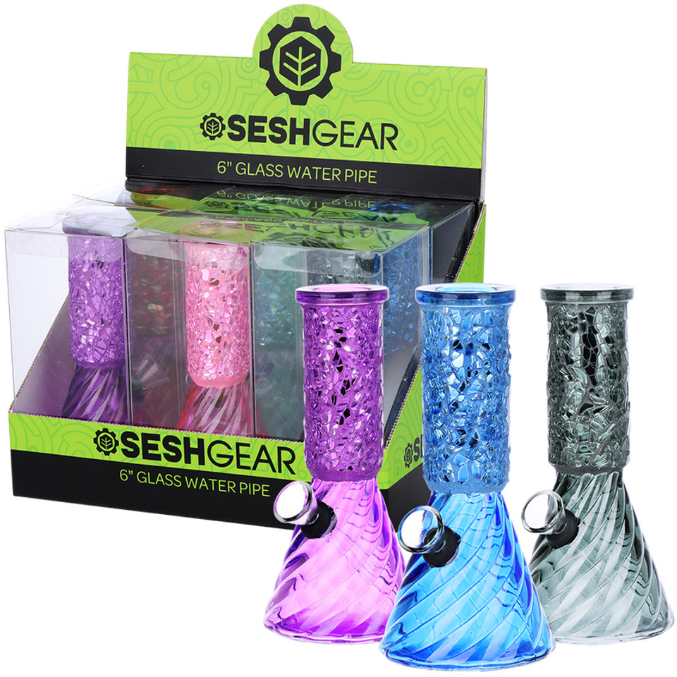 SESHGEAR CRYSTALLINE BEAKER MINI GLASS WATER PIPE 6" ASSORTED COLORS