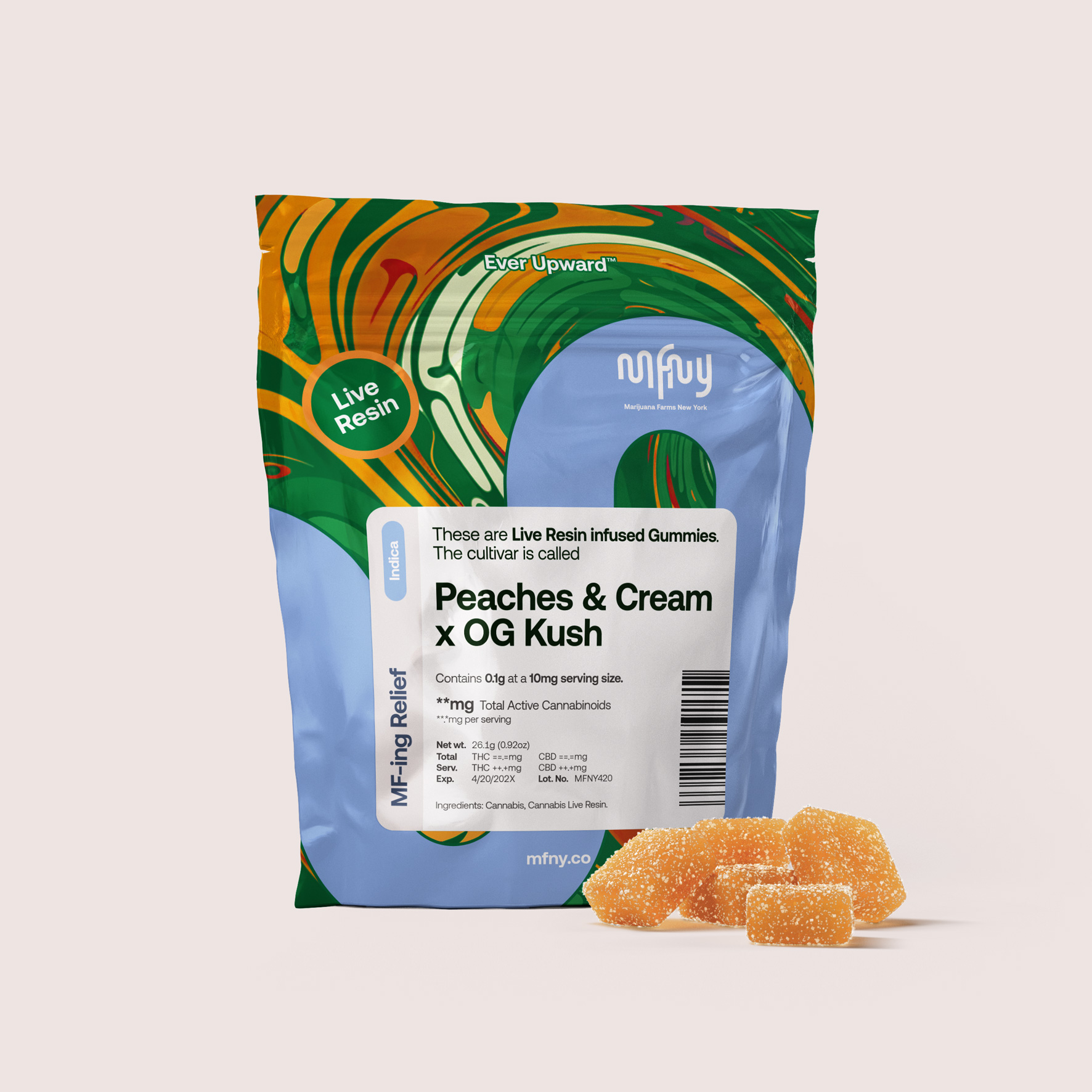 MFNY LIVE RESIN GUMMIES 100MG (10 X 10MG) PEACHES & CREAM X O2 OG KUSH (INDICA) - 100 mg
