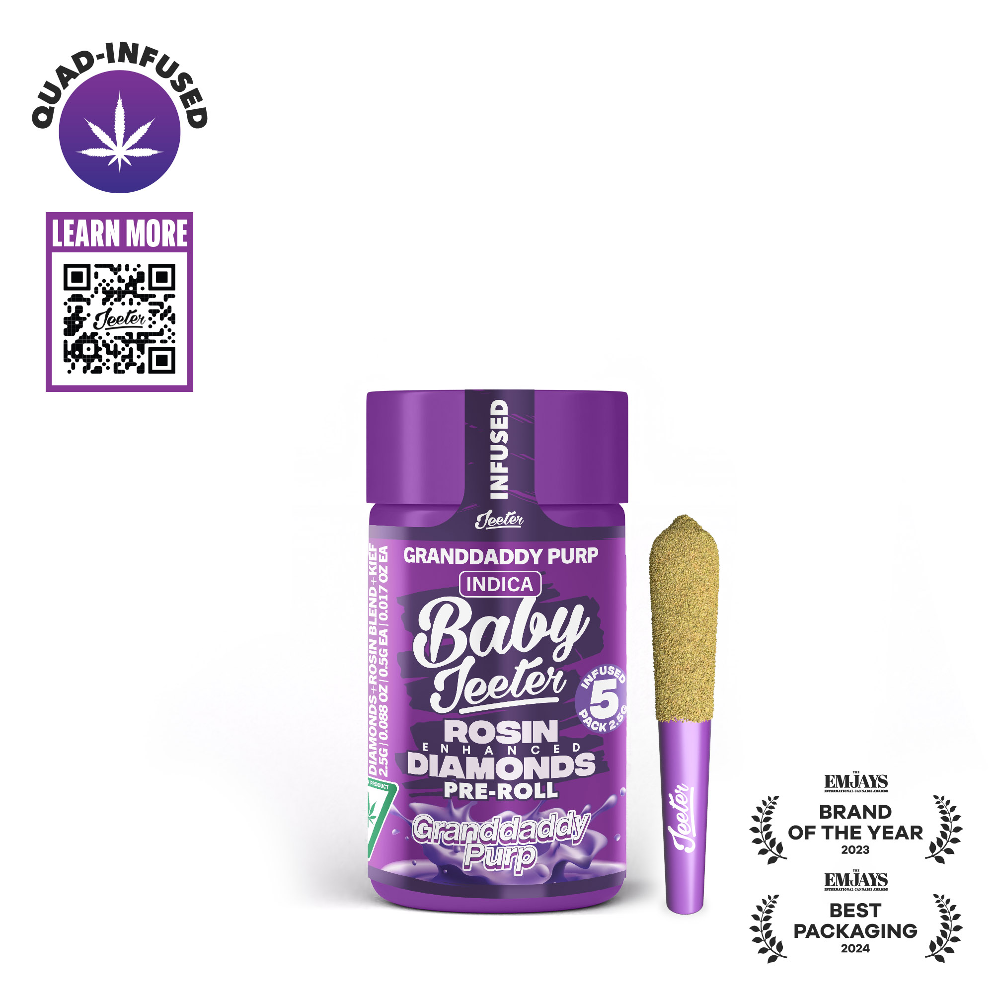 JEETER | GRANDDADDY PURPLE ROSIN & DIAMOND INFUSED BABY JEETER 0.5G X 5PK |  PREROLLS | 2.5G  Premium Cannabis Products Near Me