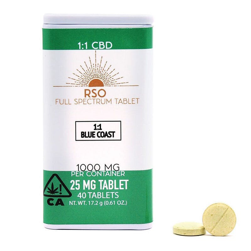 25MG CBD TROPICAL BLUE COAST 1:1 CBD:THC RSO TABLETS - 40 PACK