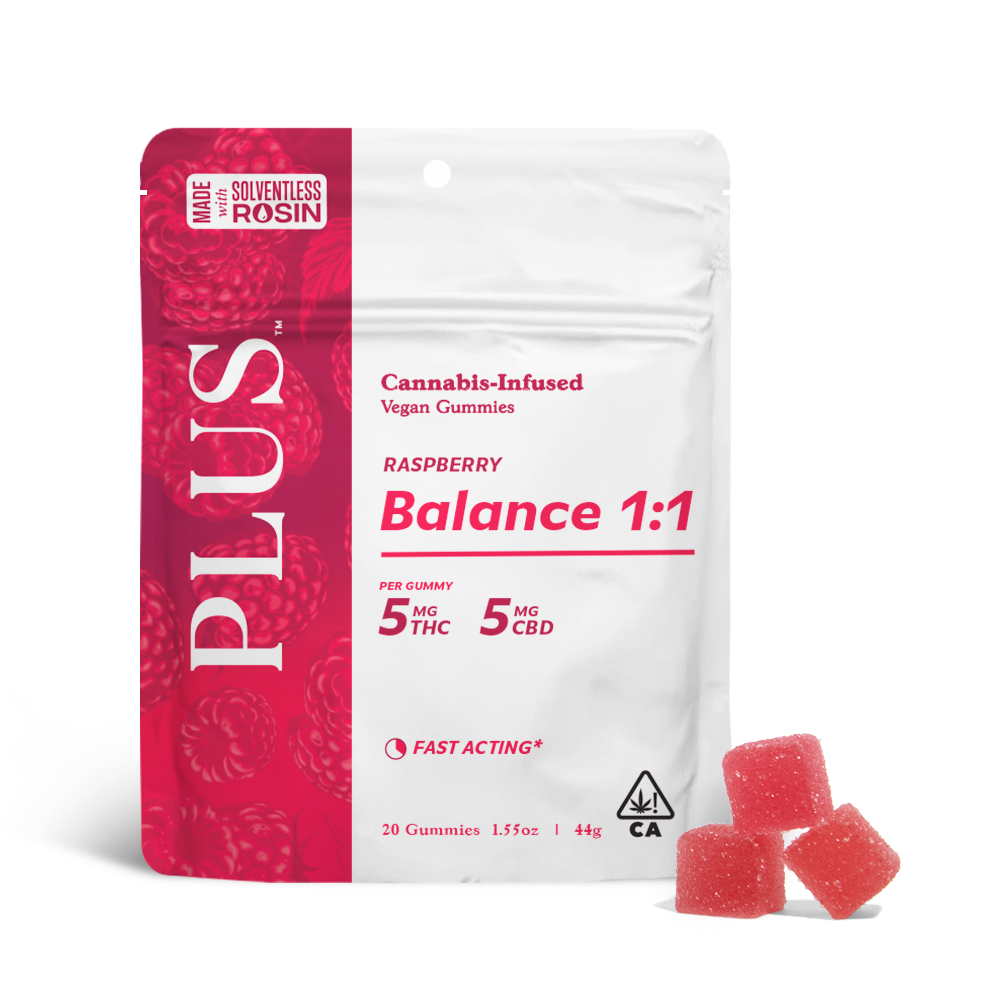 PLUS — RASPBERRY BALANCE 1:1 THC/CBD SOLVENTLESS GUMMIES