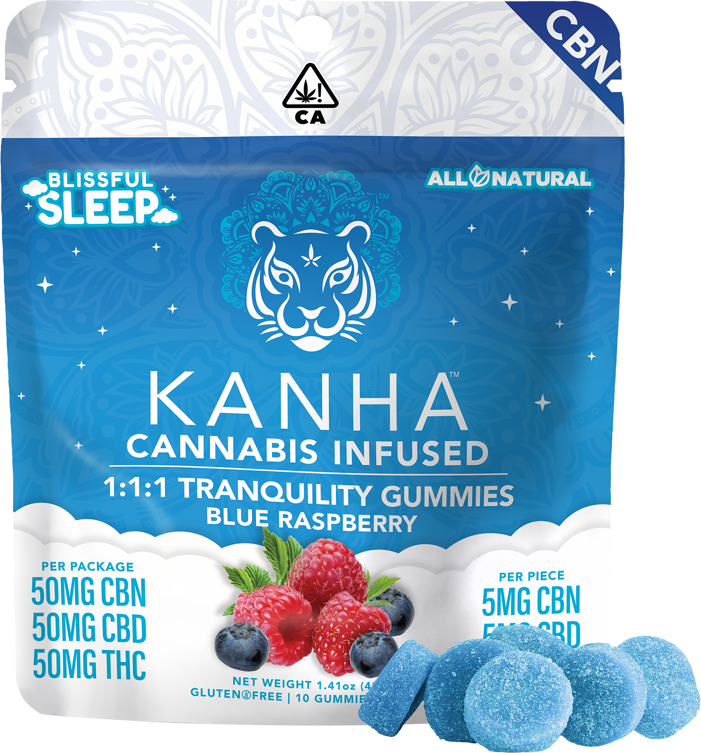 TRANQUILITY SLEEP 1:1:1 CBD:CBN:THC BLUE RASPBERRY GUMMIES - 10 PACK
