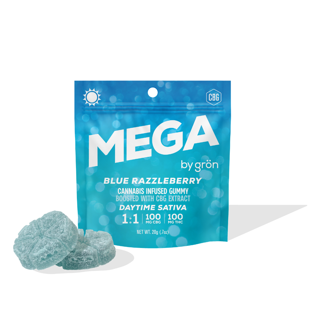 Gron MEGA Blue Razzleberry Gummies 1:1 THC:CBG 100mg 10pc – Premium ...