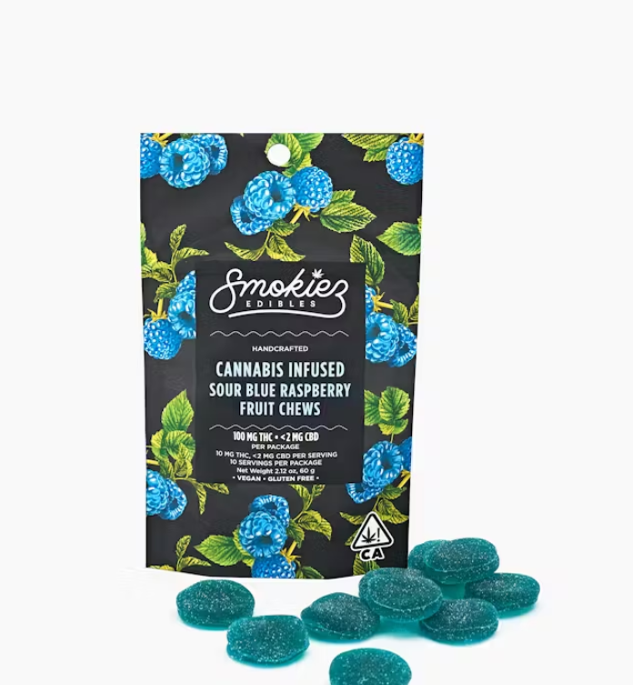 SOUR BLUE RASPBERRY FRUIT CHEWS 10 PACK 100MG