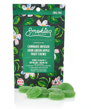SMOKIEZ - EDIBLE - FRUIT CHEWS - HYBRID - THC:CBG - 1:1 SOUR GREEN APPLE - 100MG