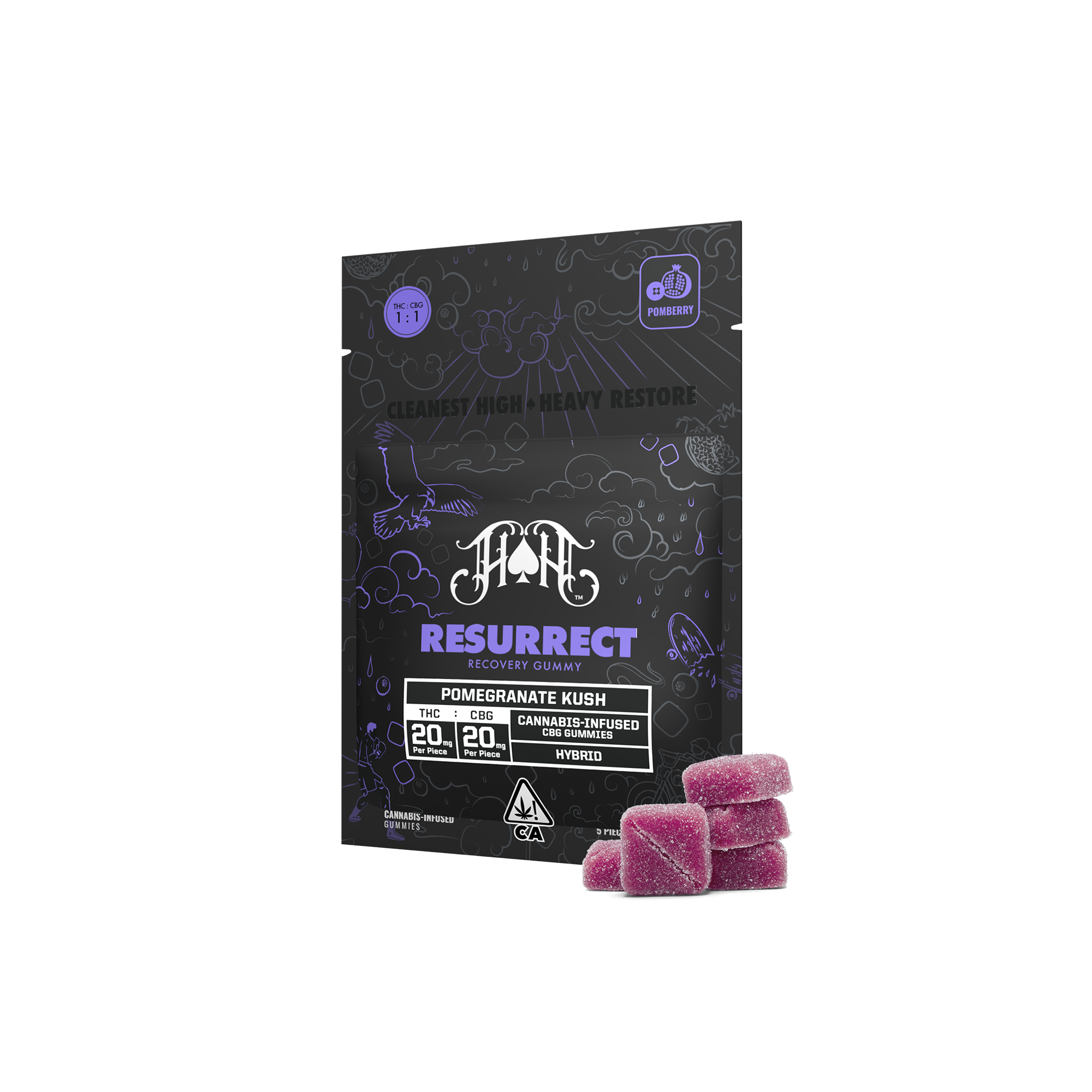 GUMMIES - 1:1 THC:CBG - RESURRECT RECOVERY - HYBRID - POMEGRANATE KUSH - 100MG