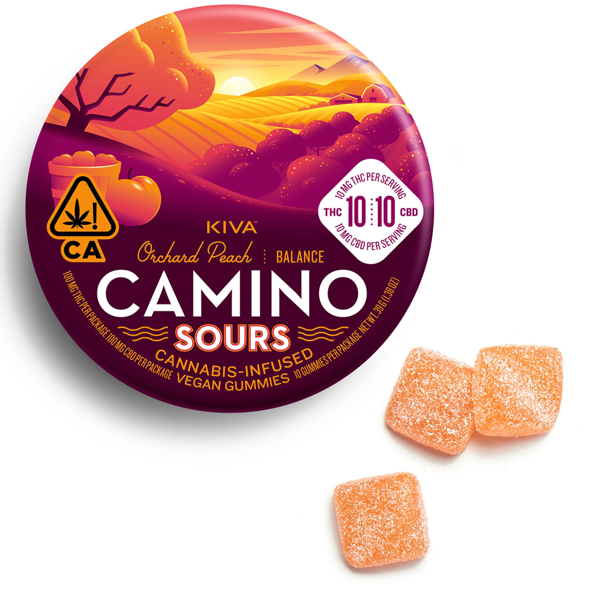 CAMINO SOURS: ORCHARD PEACH 'BALANCE' 1:1 CBD GUMMIES 10PK