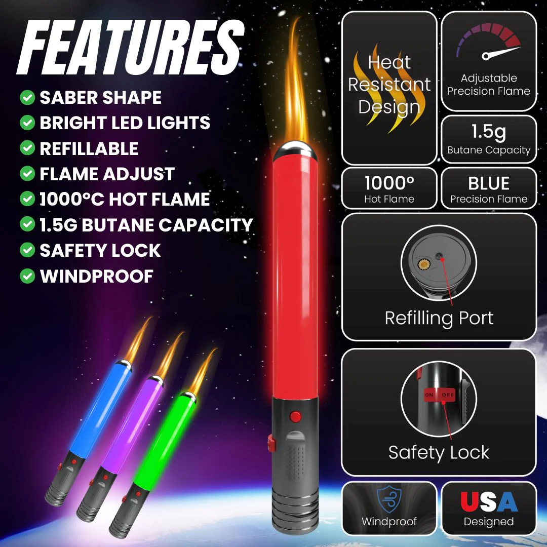 SABER SHAPED TORCH WITH GLOWING LIGHTS AND ADJUSTABLE FLAME