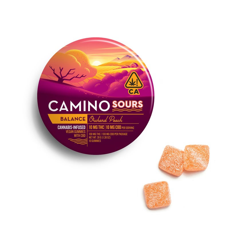CAMINO SOURS ORCHARD PEACH BALANCE 1:1 CBD 10 PACK VEGAN GUMMIES