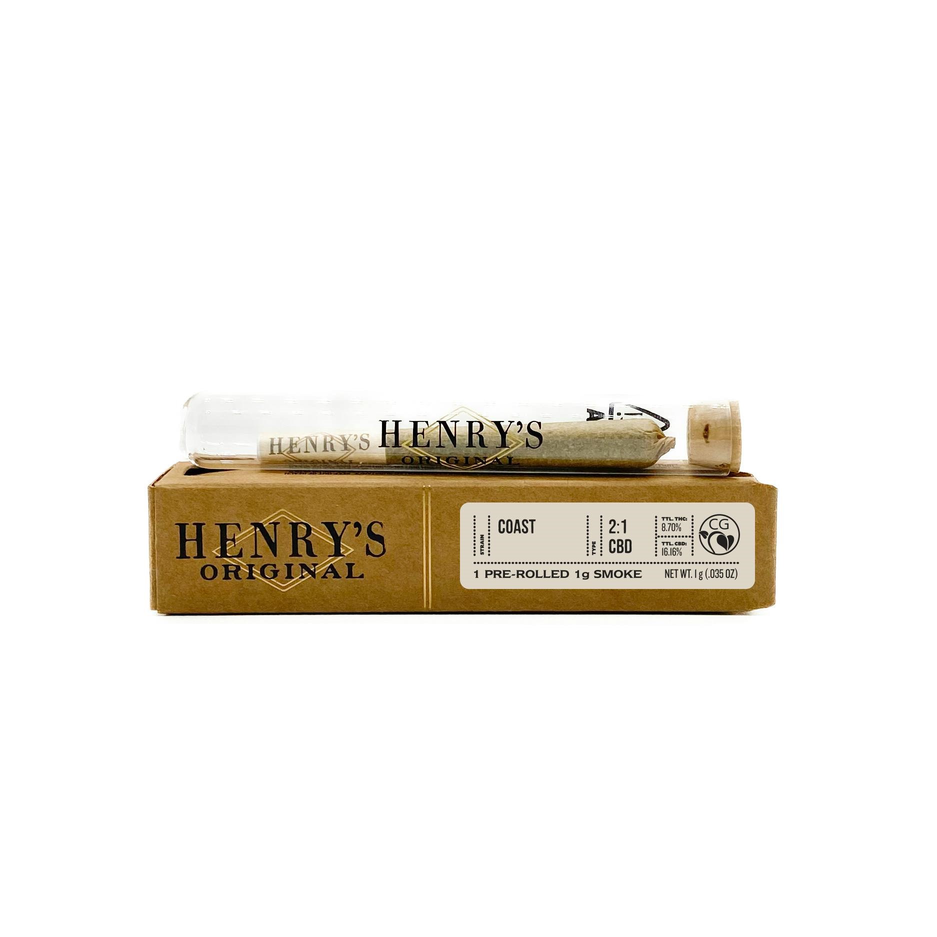 HENRY'S ORIGINAL - COAST 2:1 (CBD:THC) PRE-ROLL | 1G