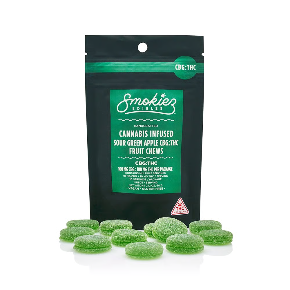 Smokiez Green Apple THC:CBG Sweet Fruit Chews 100mg - 100 mg - 10 Pack