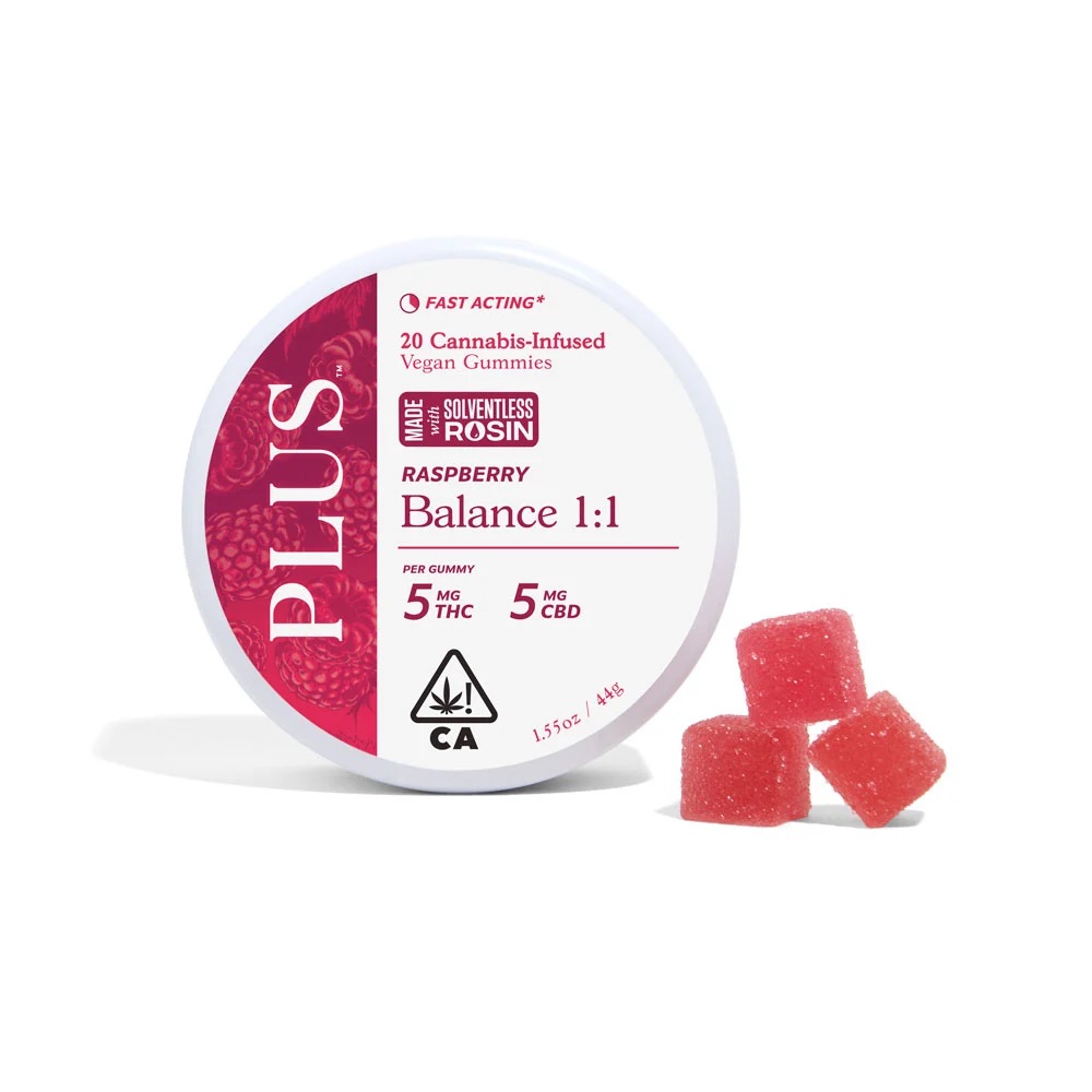 PLUS - ROSIN GUMMIES RASPBERRY 1:1 CBD/THC 20-PACK - 100 MG