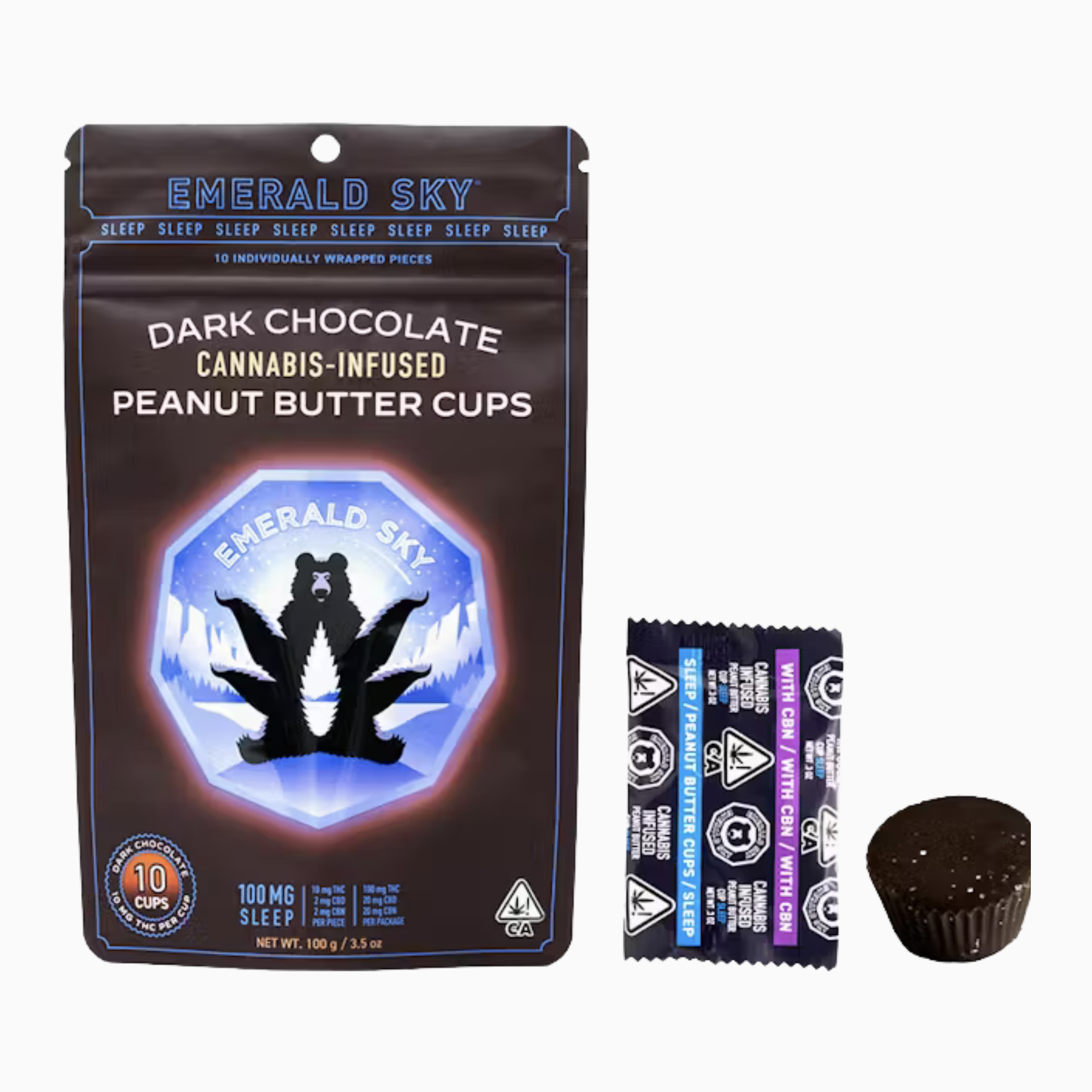 EMERALD SKY - PEANUT BUTTER CUPS - 10CT 100MG 10:2:2 THC/CBD/CBN SLEEP DARK CHOCOLAT