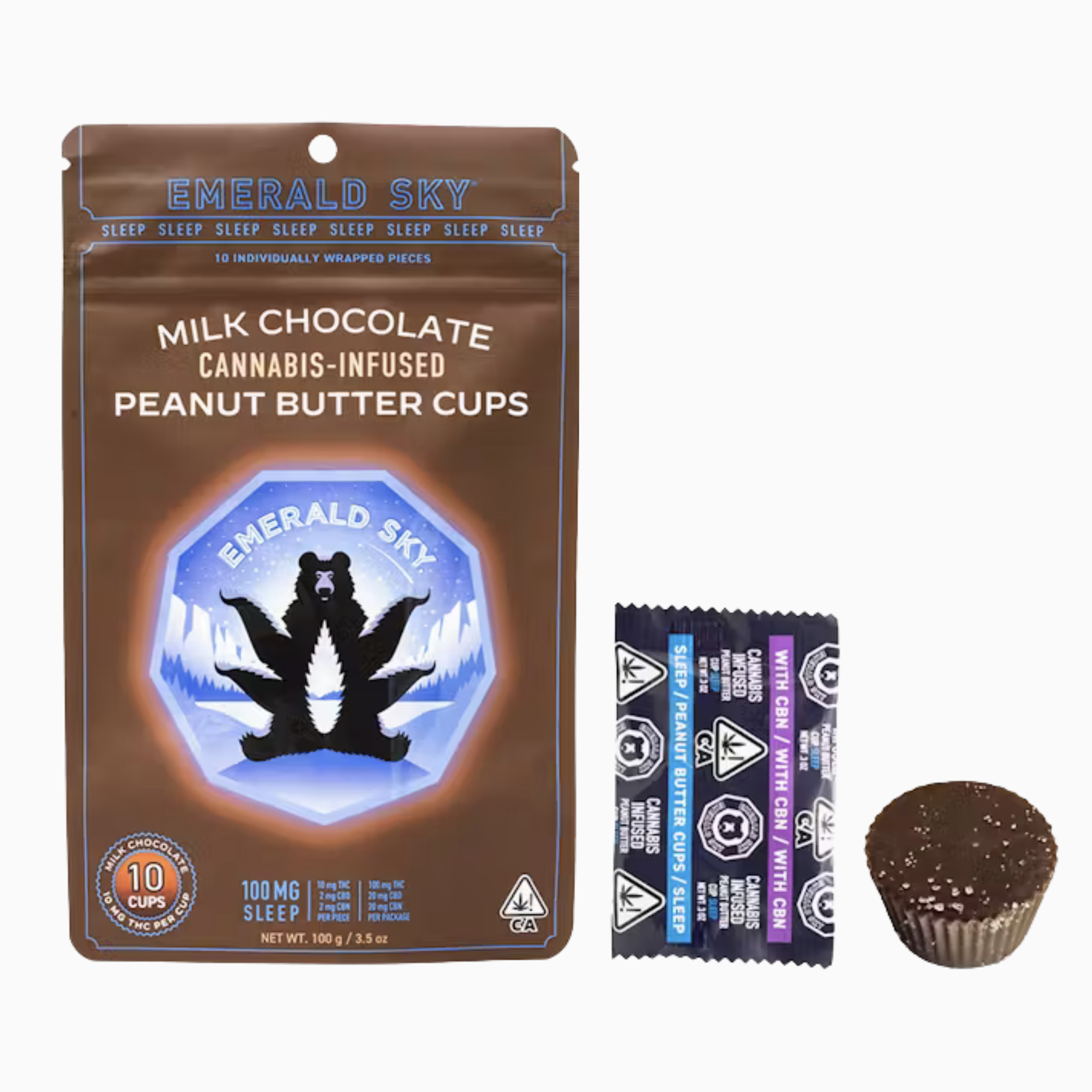 EMERALD SKY - PEANUT BUTTER CUPS - 10CT 100MG INDICA THC/CBD/CBN SLEEP MILK CHOCOLAT