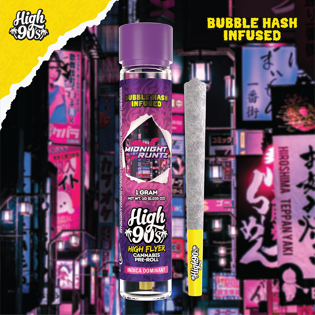 HIGH 90'S - Midnight Runtz Indica Dom 1g Bubble Hash Infused Preroll ...