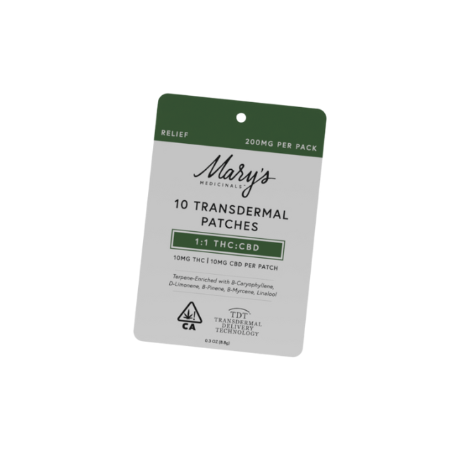 Mary's medicinals - 10CT- 200MG- RELIEF- 1:1 THC:CBD- TRANSDERMAL PATCHES