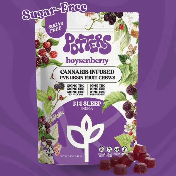 Potters - 10CT- BOYSENBERRY 1:1:1- THC:CBN:CBD- SUGAR FREE- LIVE RESIN- FRUIT CHEWS Main Image