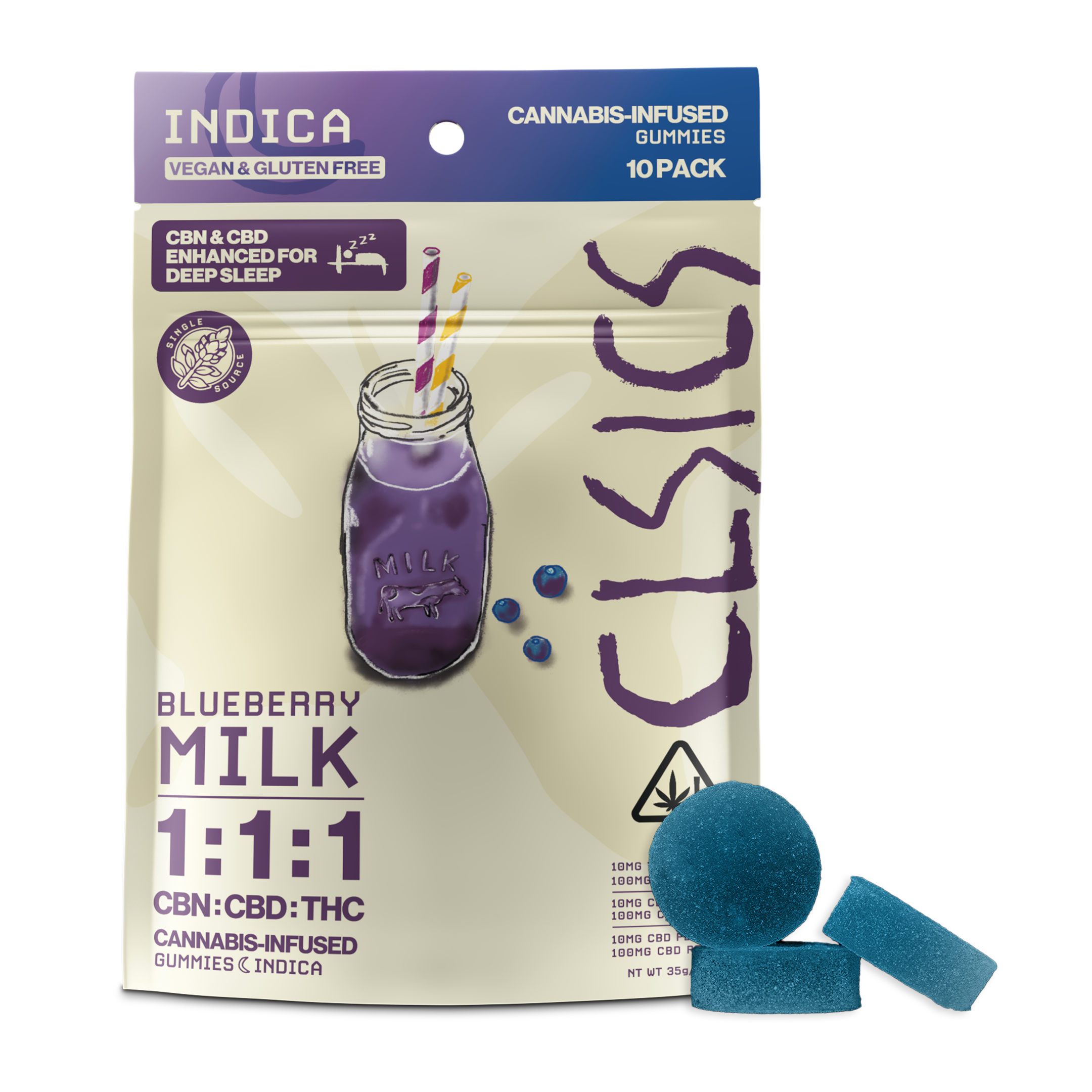 10CT- BLUEBERRY MILK- 1:1:1 CBN:CBD:THC- GUMMIES