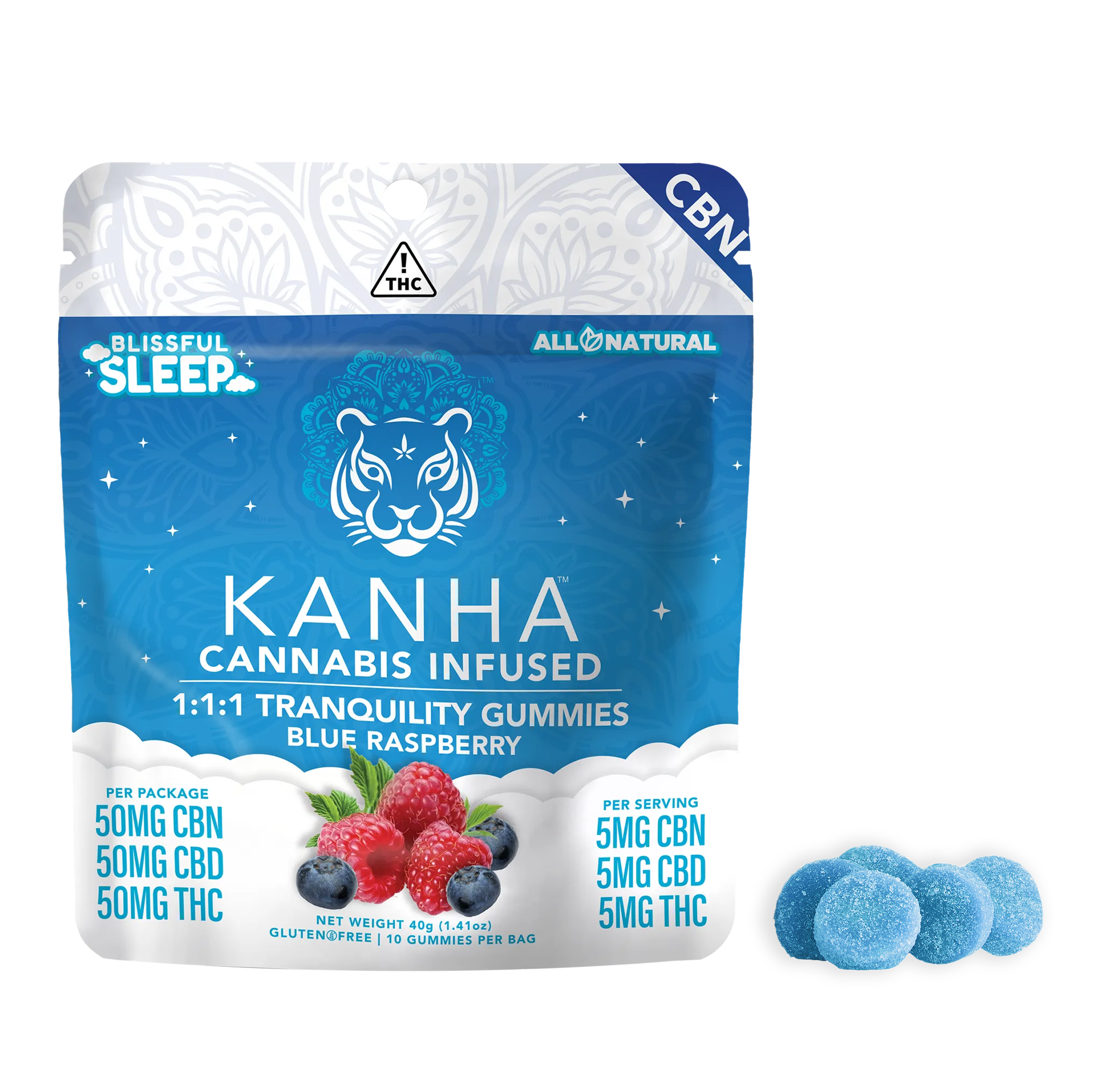 BLUE RASPBERRY TRANQUILITY 1:1:1 GUMMIES 10PC [50MG THC: 50MG CBD
