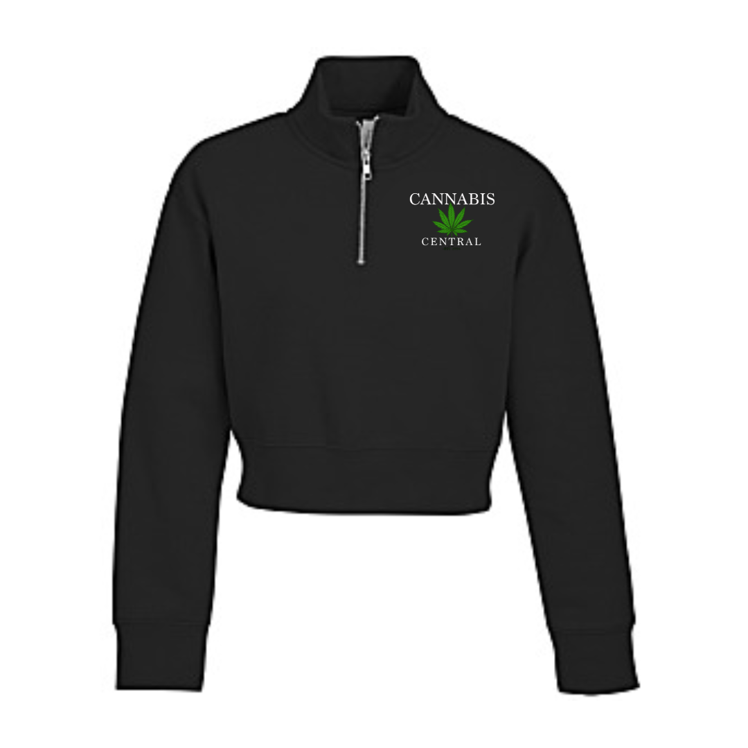 LADIES CANNABIS CENTRAL FLEECE CROPPED 1/2 ZIP PULLOVER - BLACK/SMALL