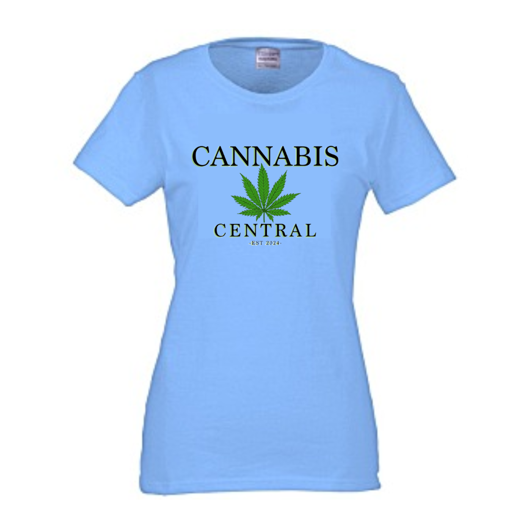 LADIES CANNABIS CENTRAL TSHIRT - CAROLINA BLUE - MEDIUM