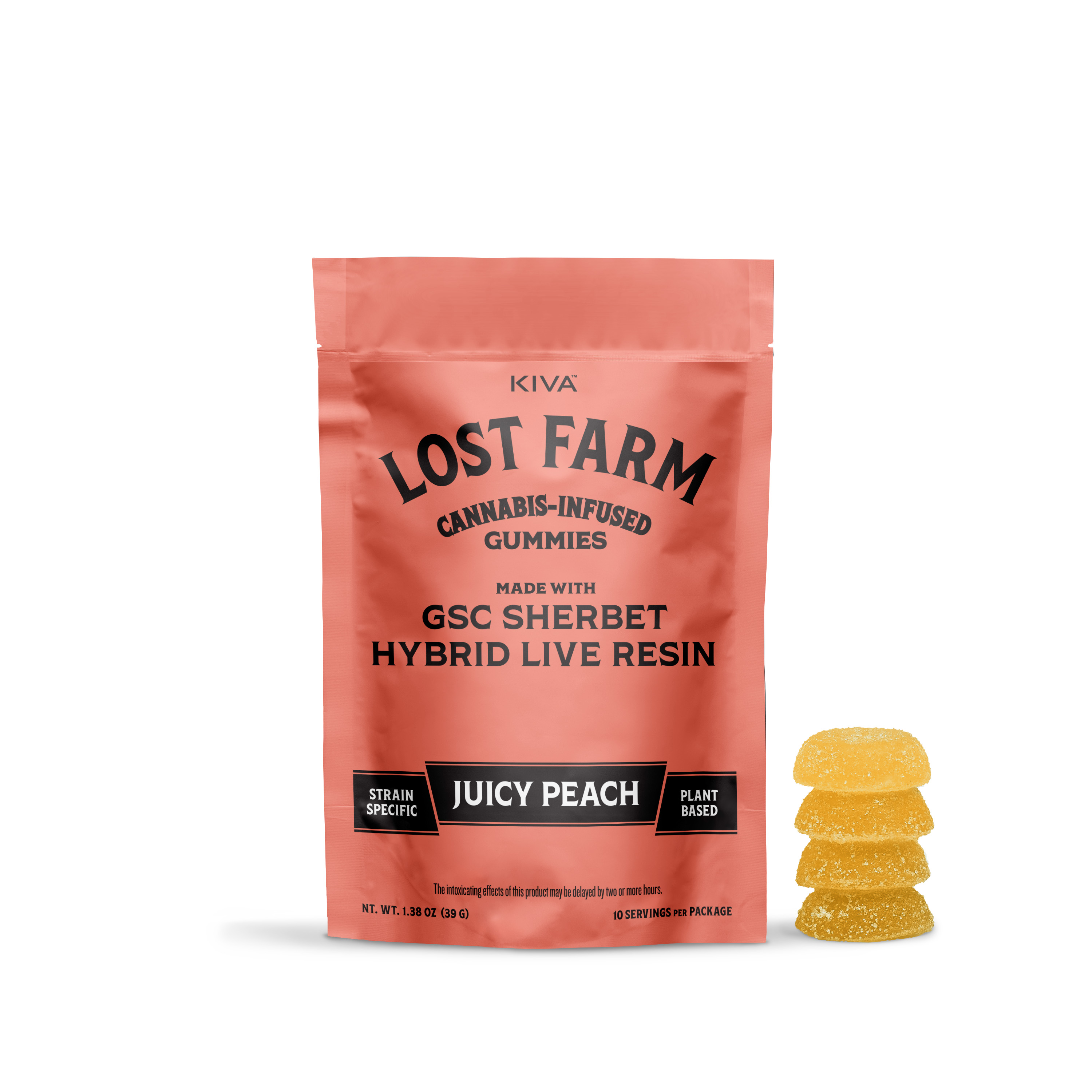 Kiva Lost Farm Juicy Peach X GSC Sherbet Live Resin Gummies - 100 mg - 10 Pack
